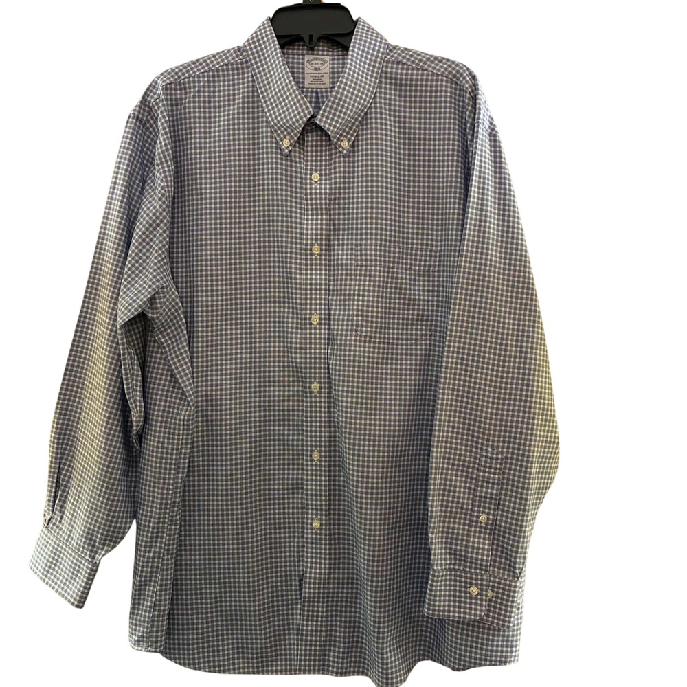 Brooks Brothers 1818 Shirt Mens 18 34/35 Blue Gingham Regular Fit Non-Iron
